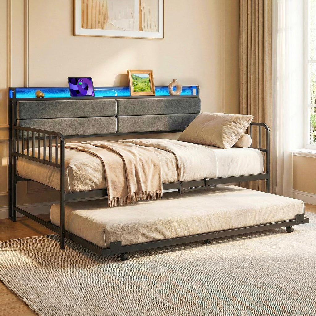 Twin Size Metal Daybed with Trundle and LED Light S6329
