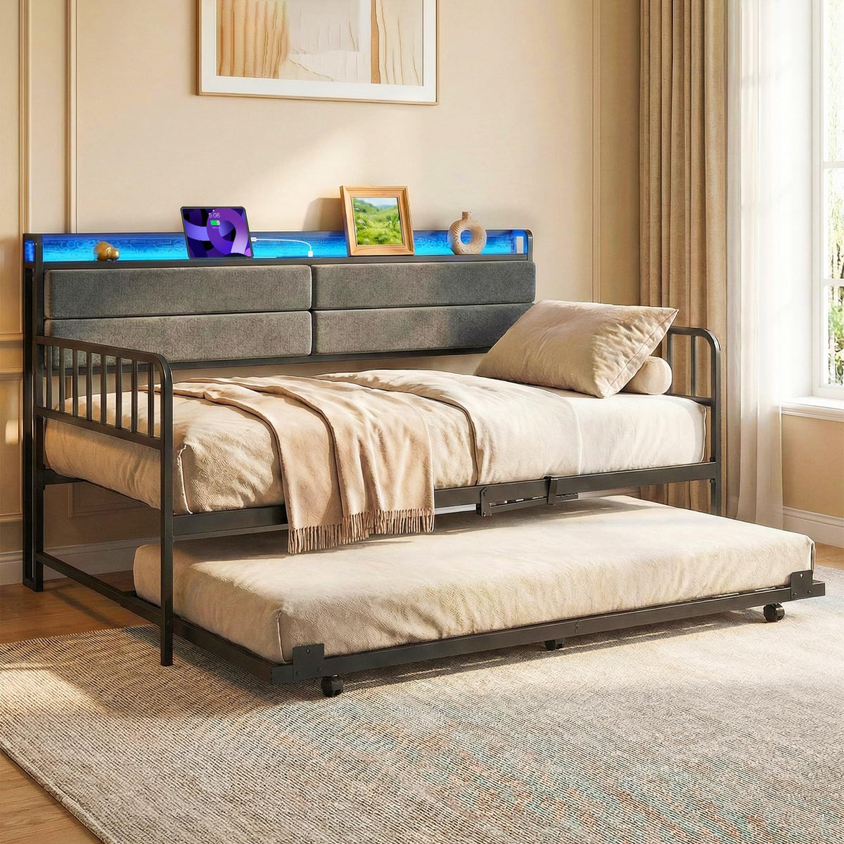 Twin Size Metal Daybed with Trundle and LED Light S6329