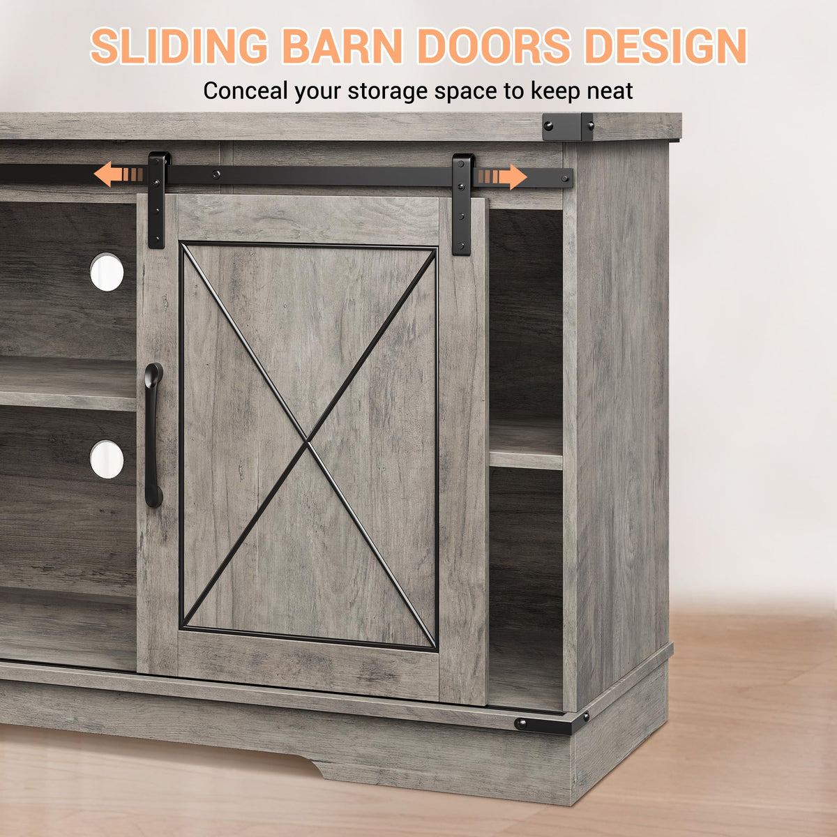 Farmhouse TV Stand with Storage Cabinets & Sliding Barn Door E236236