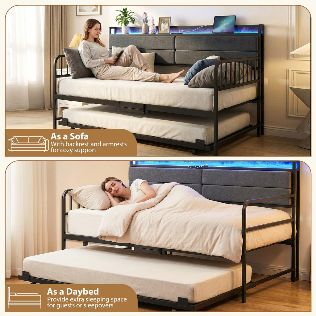 Twin Size Metal Daybed with Trundle and LED Light S6329