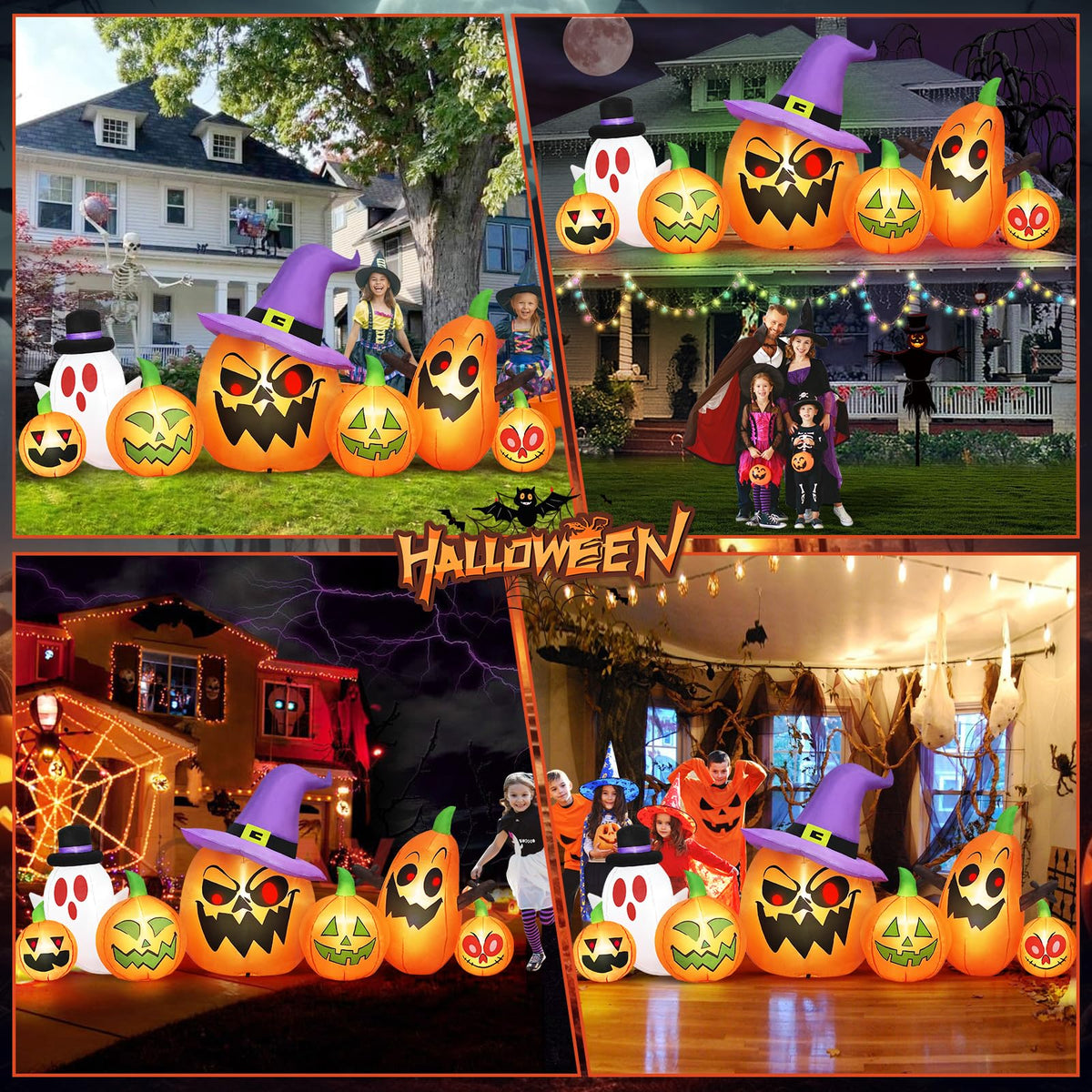 8FT Halloween Inflatables Pumpkin Witch Hat & Ghost Combo F8067