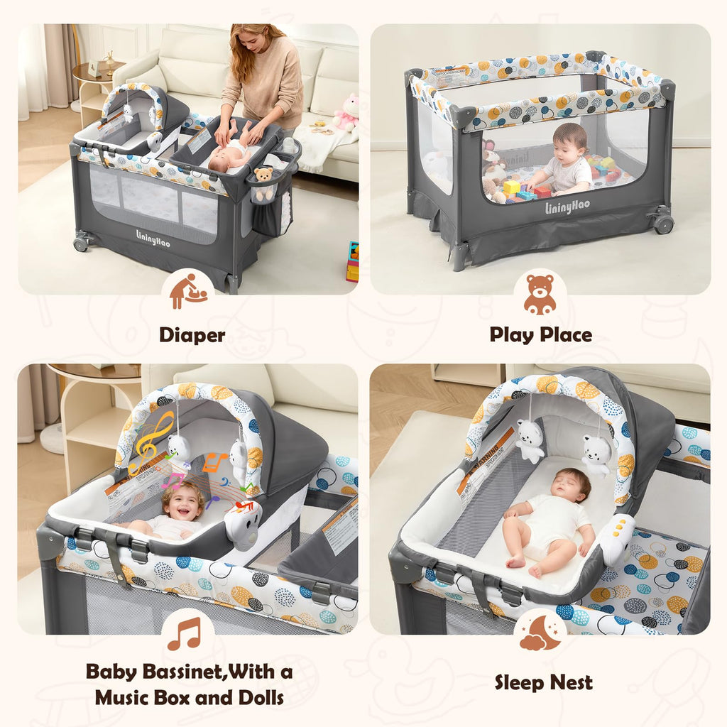 5-in-1 Pack and Play with Bassinet, Changing Table and Mat, Gray Z14990