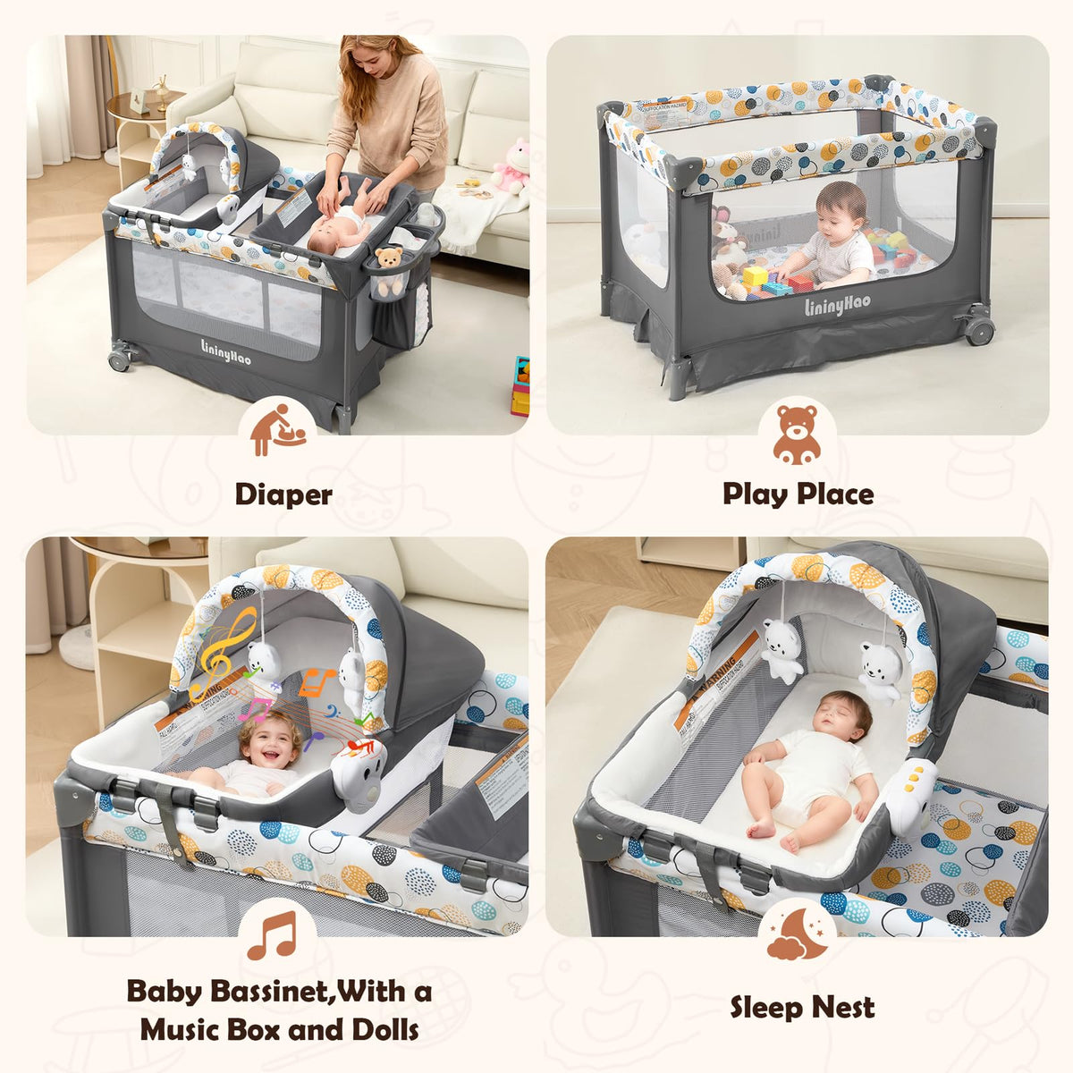 5-in-1 Pack and Play with Bassinet, Changing Table and Mat, Gray Z14990