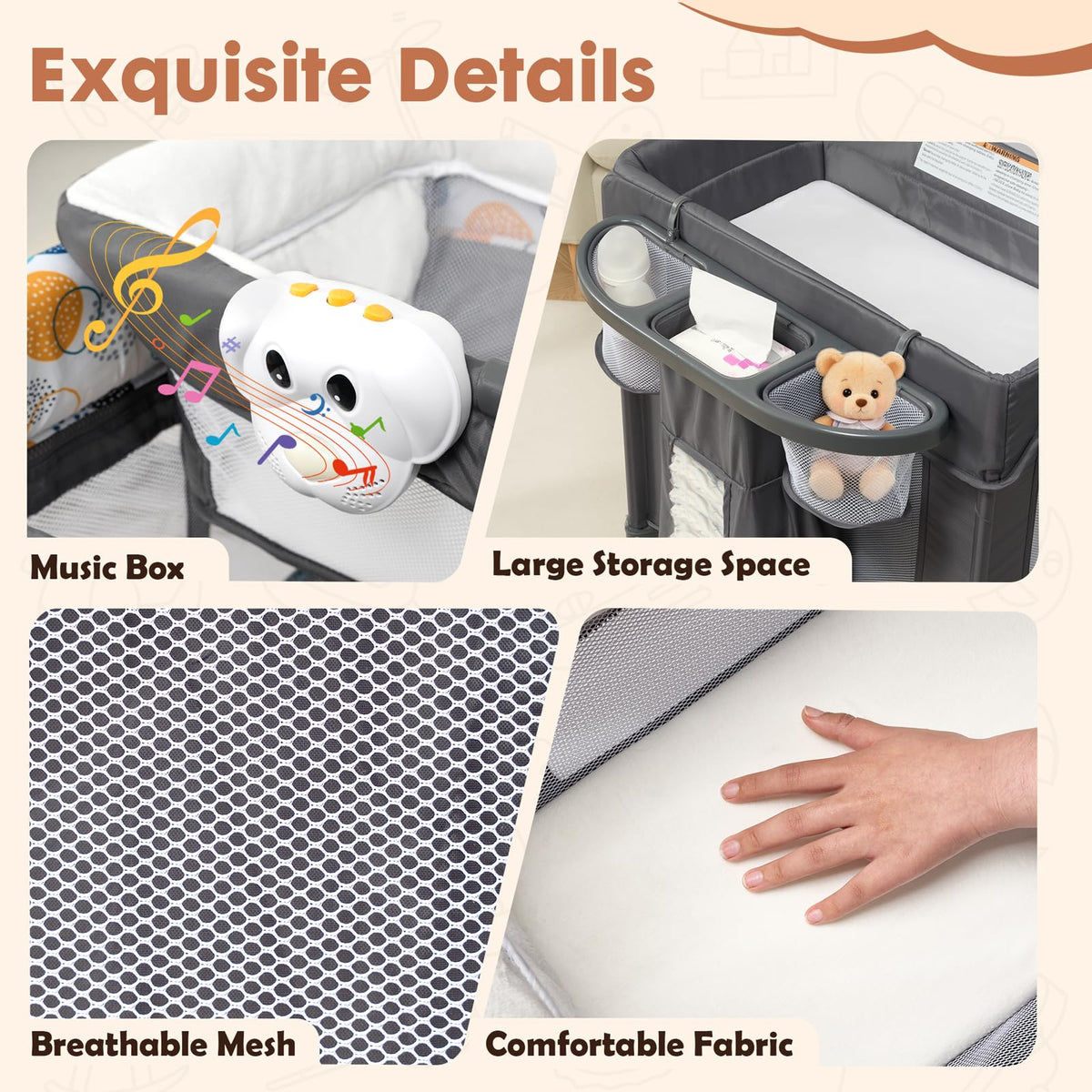 5-in-1 Pack and Play with Bassinet, Changing Table and Mat, Gray Z14990