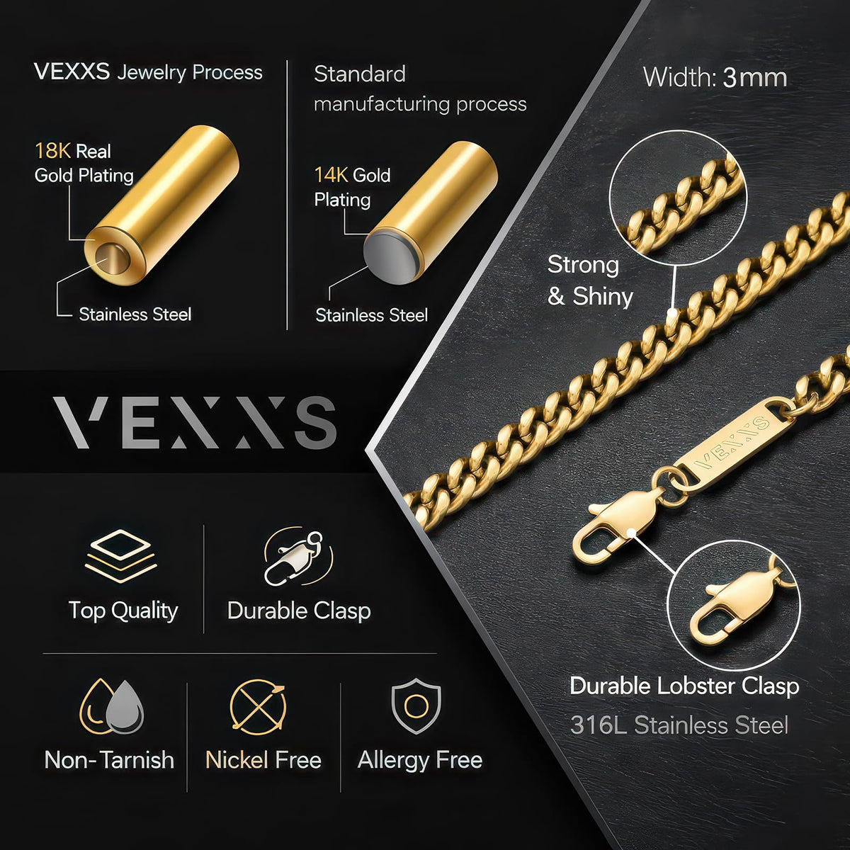 Gold Chain 18K Gold Filled Cuban Link 316L Stainless Steel Necklace D43982