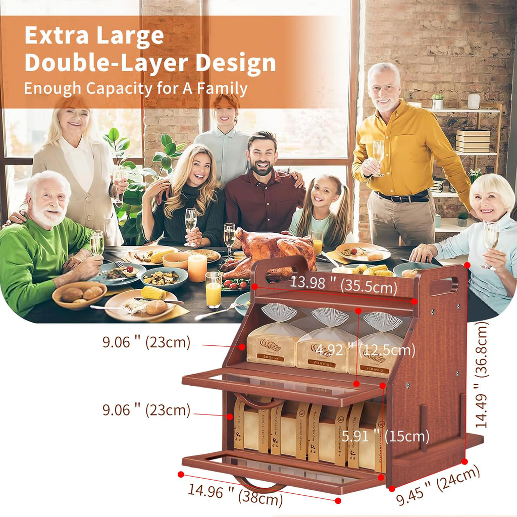 Large Double Layer Bamboo Bread Box with Clear Window P7122