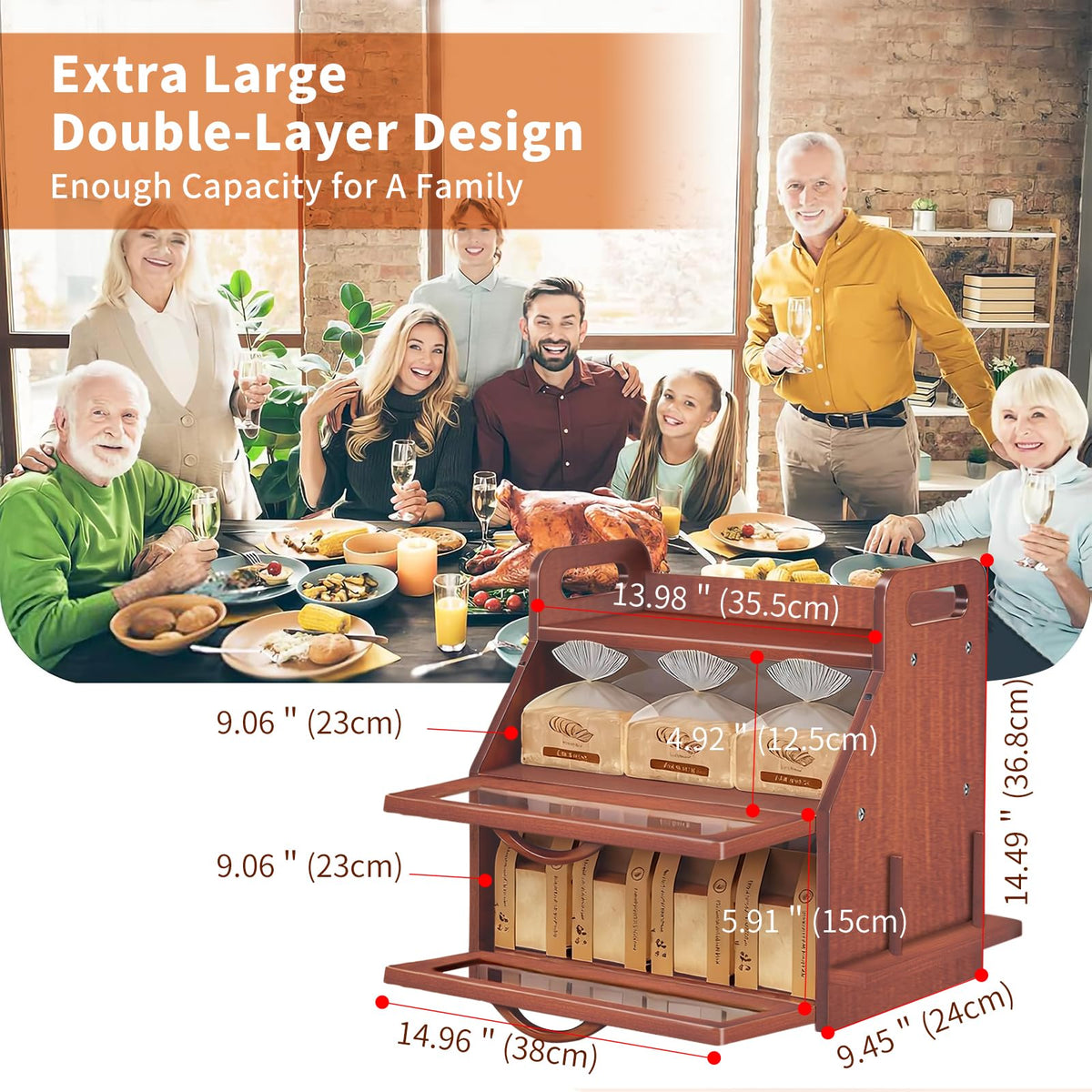 Large Double Layer Bamboo Bread Box with Clear Window P7122