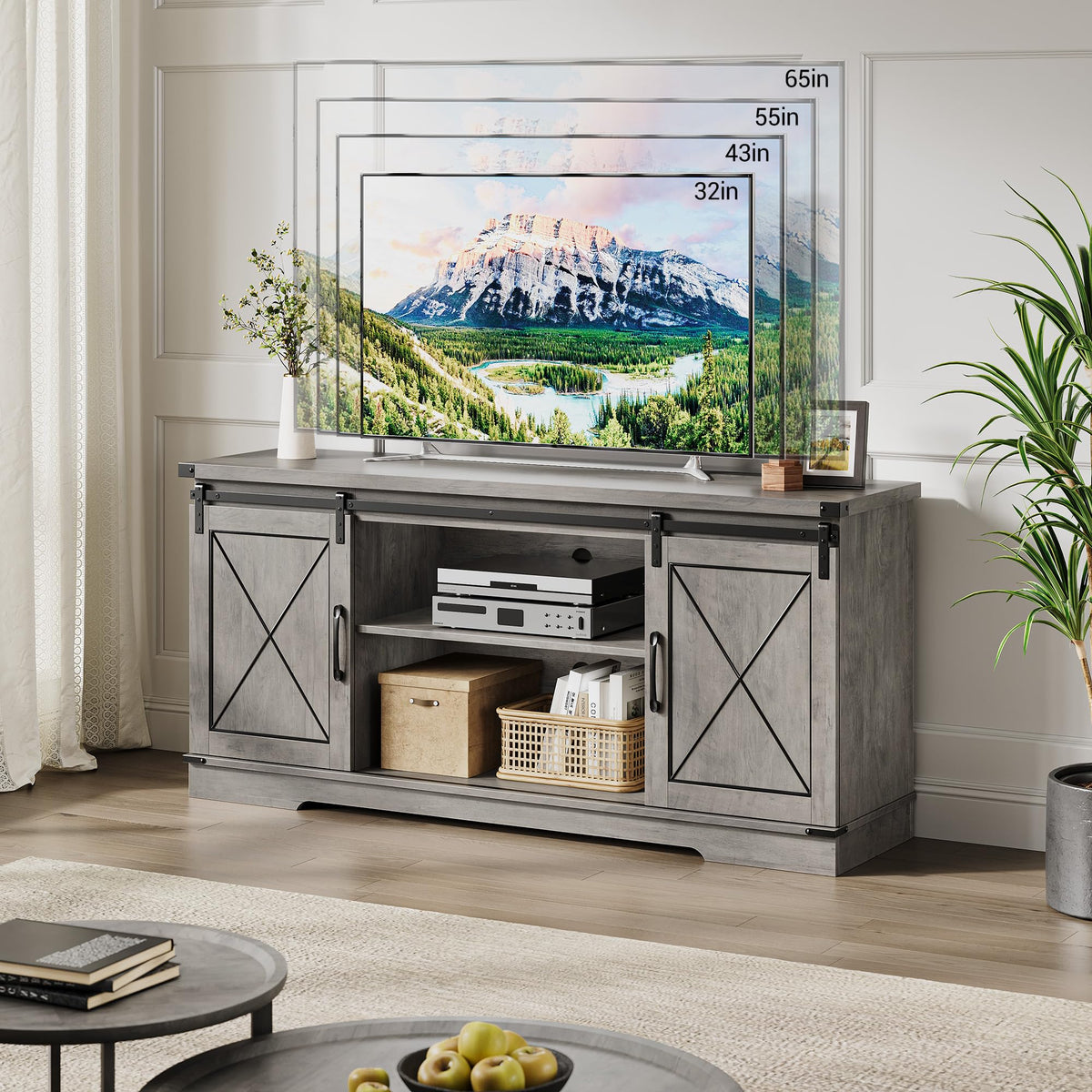 Farmhouse TV Stand with Storage Cabinets & Sliding Barn Door E236236